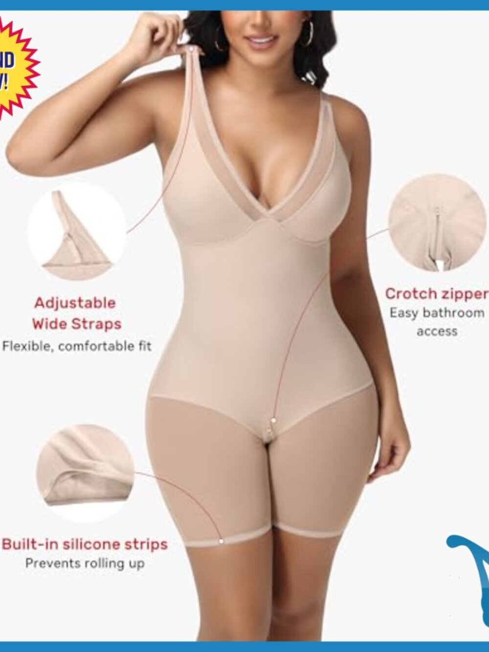 V Neck Shapewear Bodysuit Tummy Control Butt Lifting Full Body Shaper - Picture 5 of 7